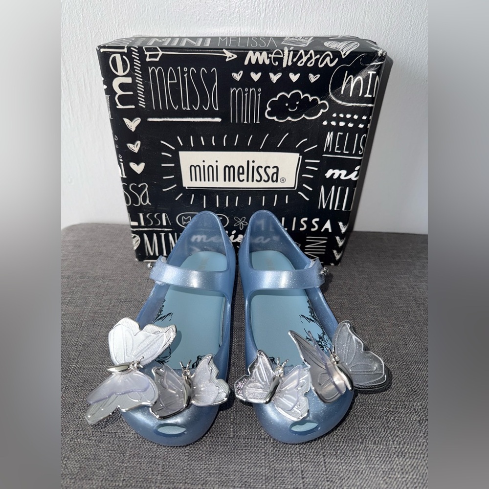 Mini Melissa Ultra Girl Blue Butterfly Swarovski Crystal Mary Jane Flat